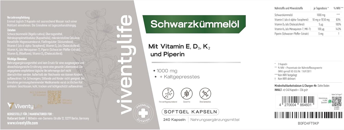 1000mg Schwarzkümmelöl Komplex - 240 Kapseln