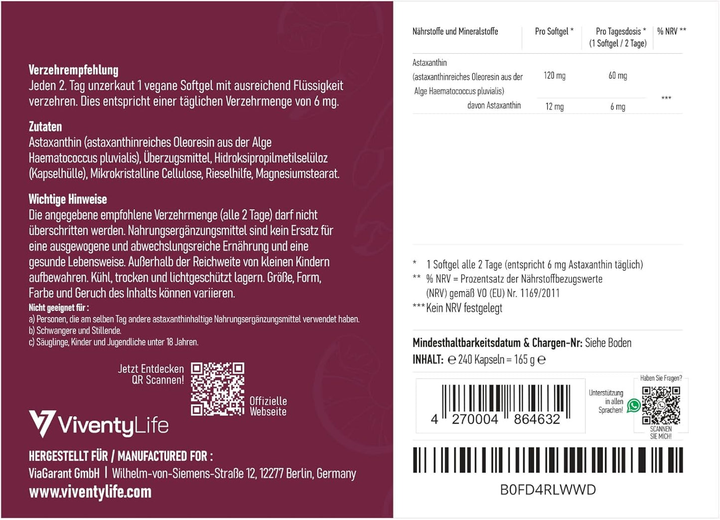 Astaxanthin Hochdosiert 12mg pro Softgel Kapseln - 240 Kapseln