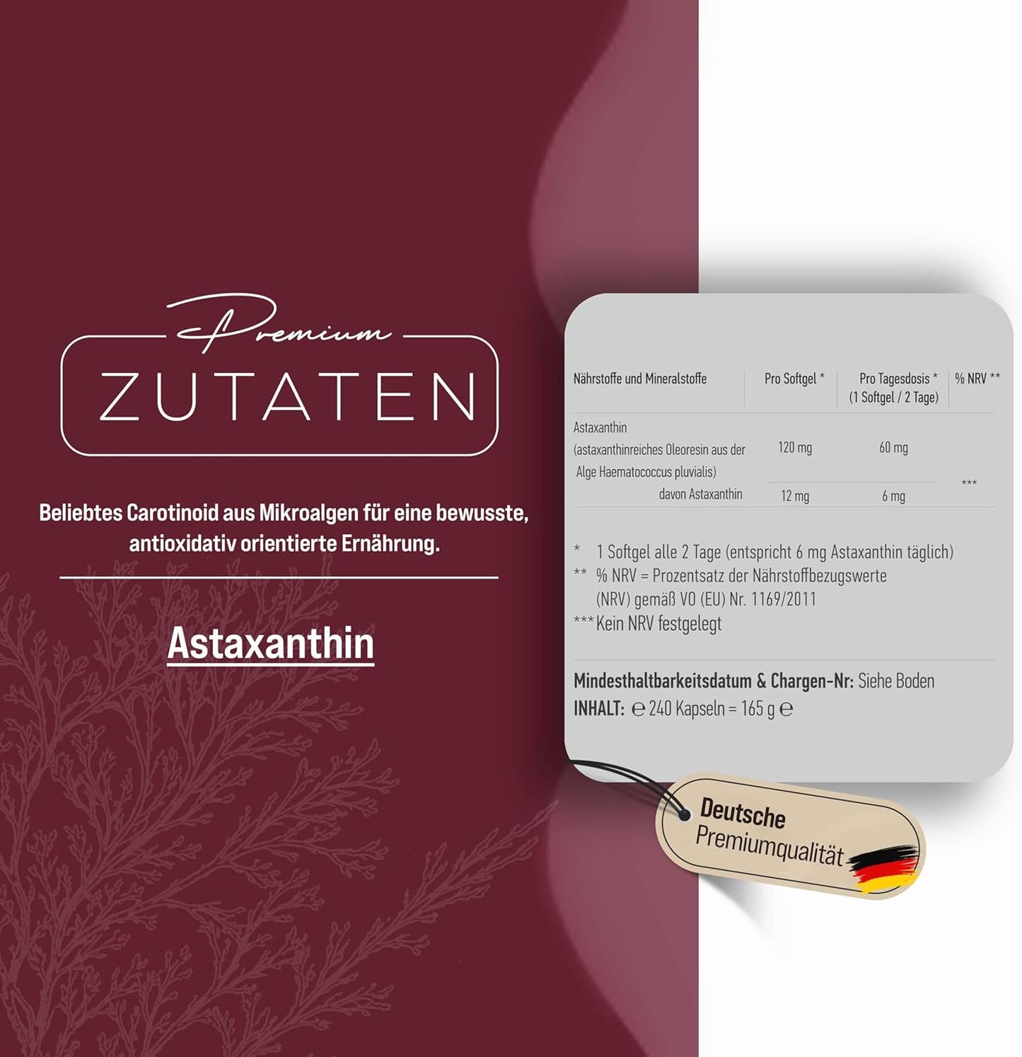 Astaxanthin Hochdosiert 12mg pro Softgel Kapseln - 240 Kapseln