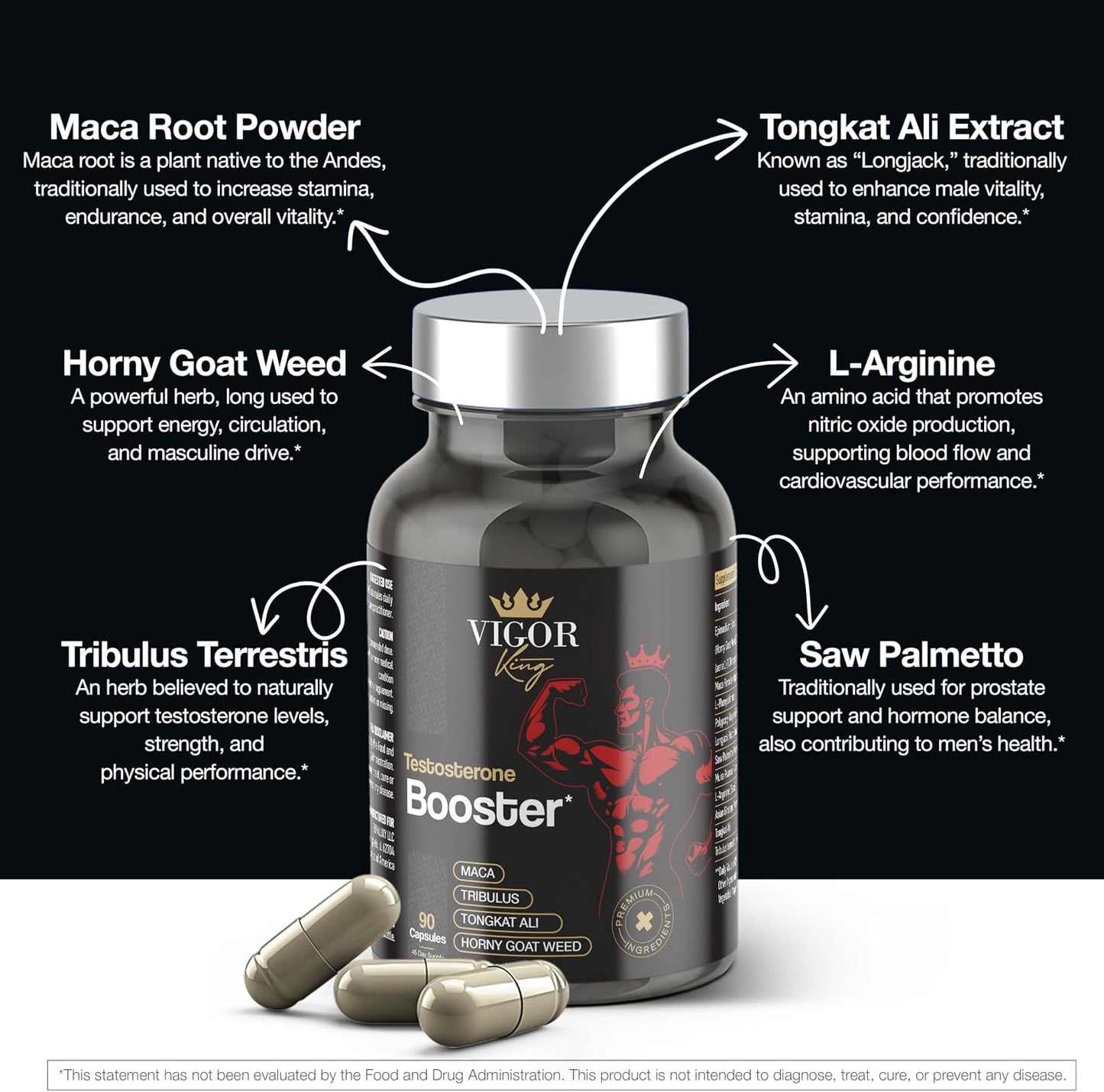 Testosterone Booster Supplement for Men - Horny Goat Weed, Tongkat Ali, L-Arginine + More - Workout, Build Muscle, Strength, Energy & Performance 90 Capsules