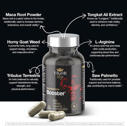 Testosterone Booster Supplement for Men - Horny Goat Weed, Tongkat Ali, L-Arginine + More - Workout, Build Muscle, Strength, Energy & Performance 90 Capsules