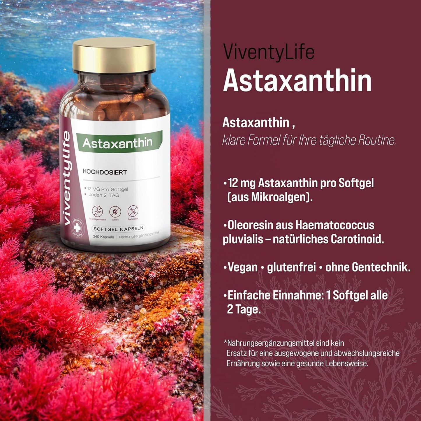 Astaxanthin Hochdosiert 12mg pro Softgel Kapseln - 240 Kapseln